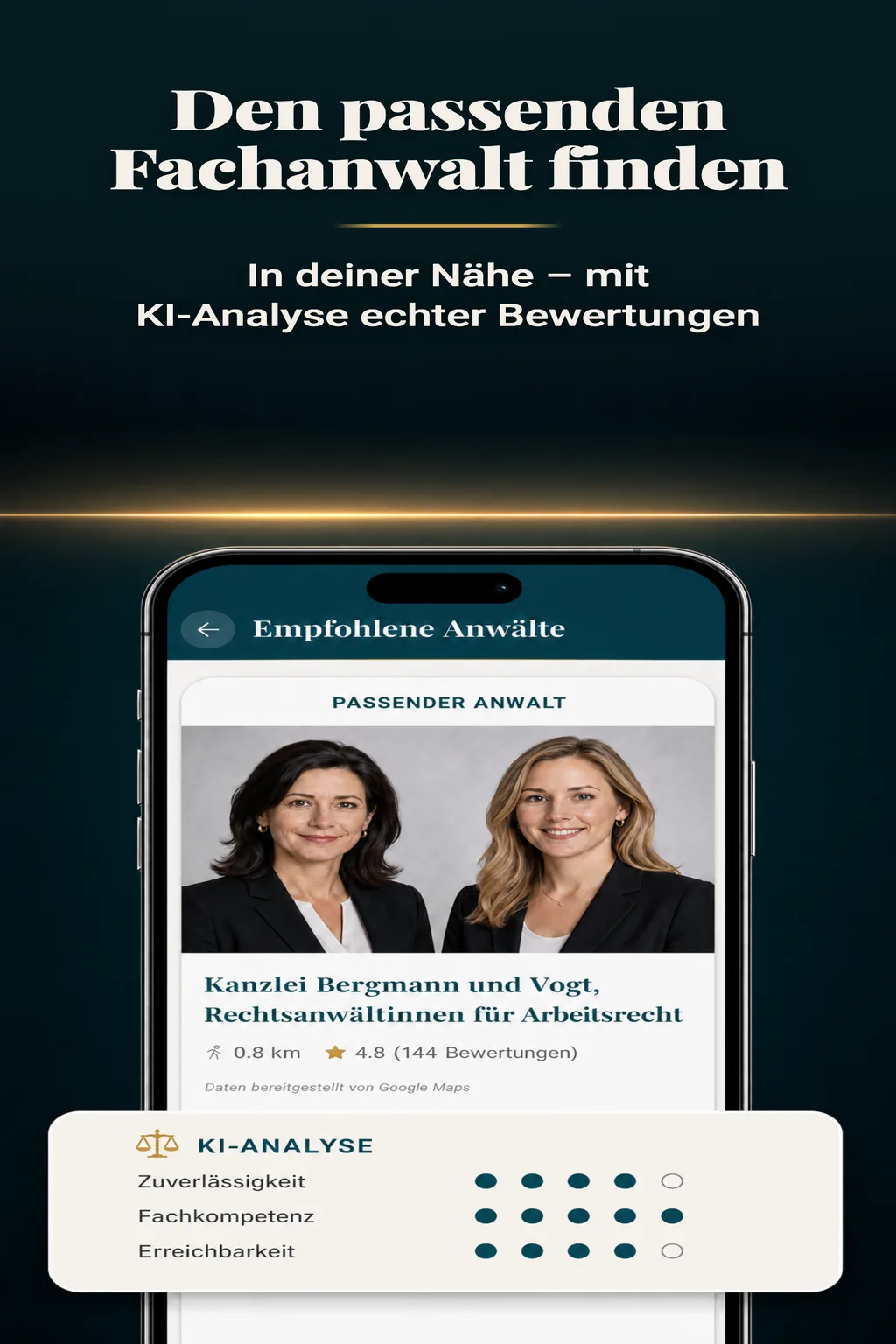 Rechtsanwältin oder Rechtsanwalt in der Nähe finden – mit KI-Analyse echter Bewertungen