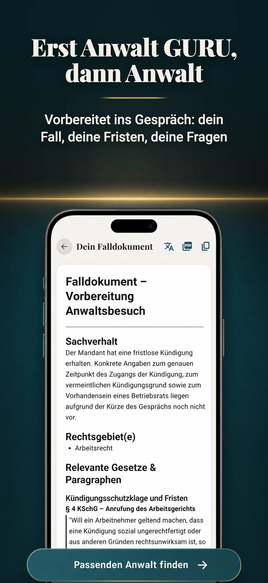 Falldokument von Anwalt GURU – vorbereitet ins Gespräch mit der Rechtsanwältin