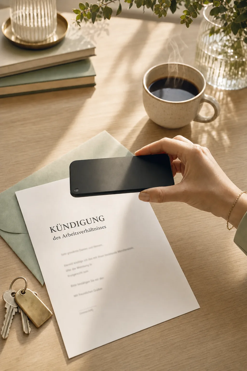 Ein Kündigungsschreiben mit der Überschrift „Kündigung des Arbeitsverhältnisses“ liegt auf einem hellen Holztisch, eine Hand fotografiert es mit dem Smartphone