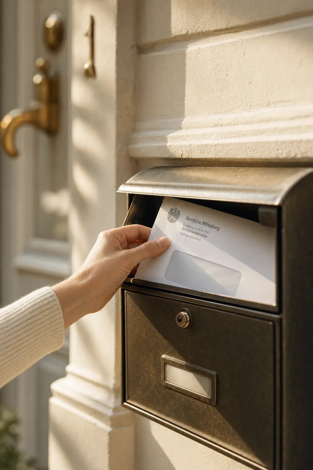 Eine Hand zieht einen Brief mit der Aufschrift „Amtliche Mitteilung“ aus einem messingfarbenen Briefkasten an einer cremefarbenen Altbaufassade