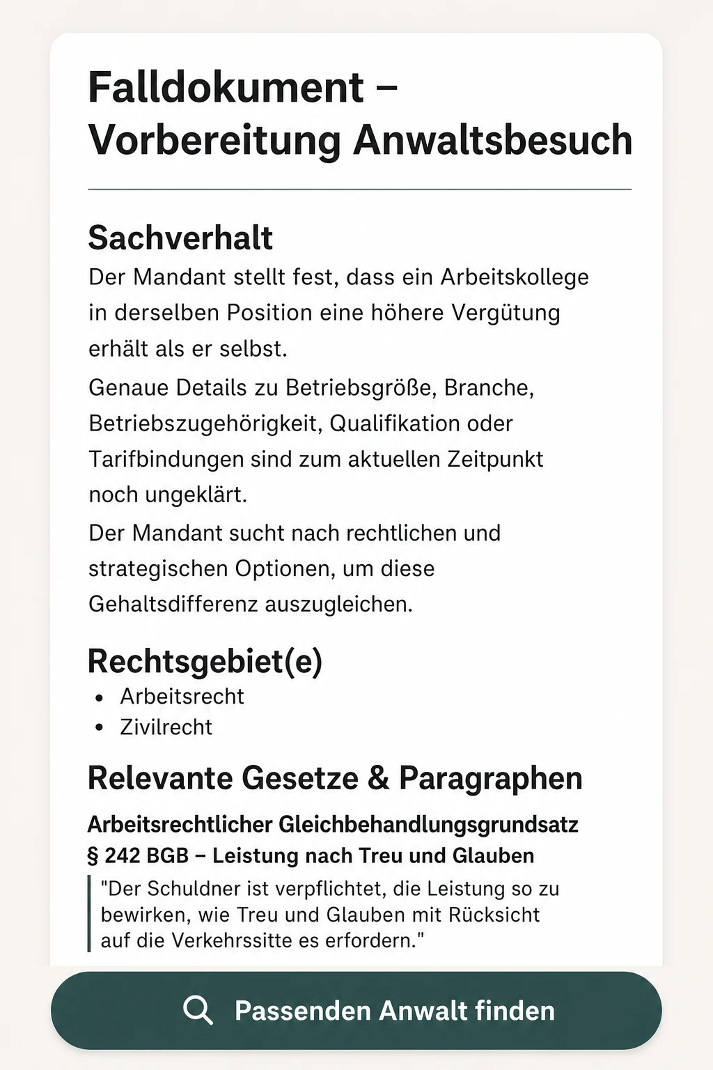 Falldokument zur Vorbereitung auf das Anwaltsgespräch