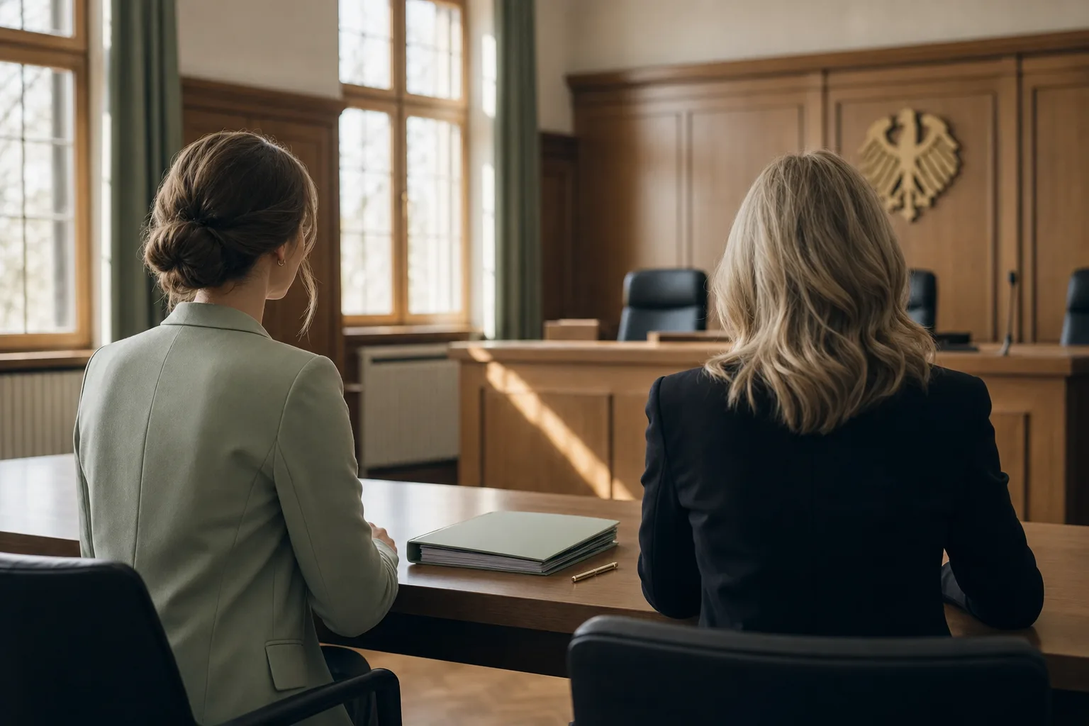 Mandantin sitzt mit ihrer Anwältin und dem vorbereiteten Falldokument ruhig im Gerichtssaal – auf Augenhöhe statt ausgeliefert